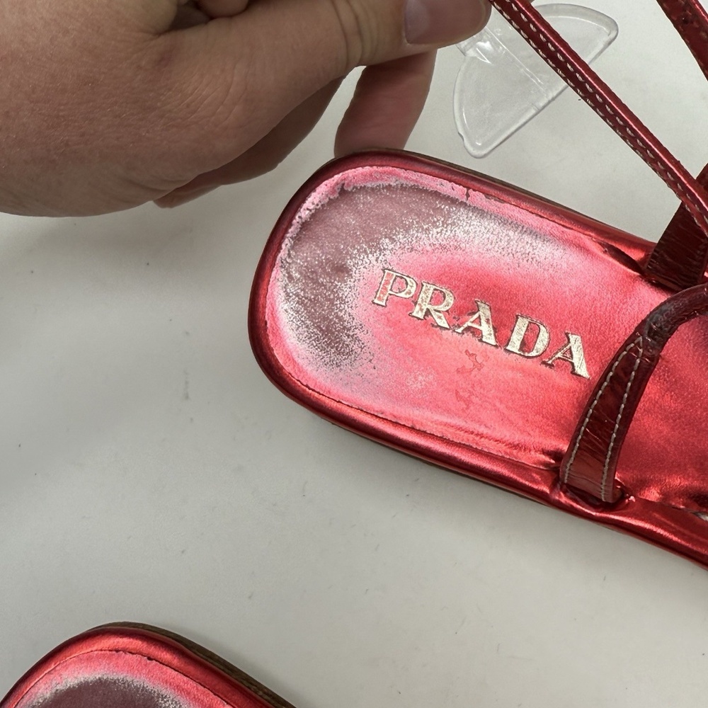 Prada Capretto Thong Leather Sandals Metallic Pinkish Red Size 7.5 (EU 38) - Picture 9 of 13